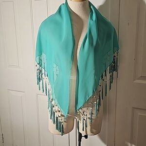 Shawl‎ wrap, greenish blue, with lovely fringe with shells 🐚